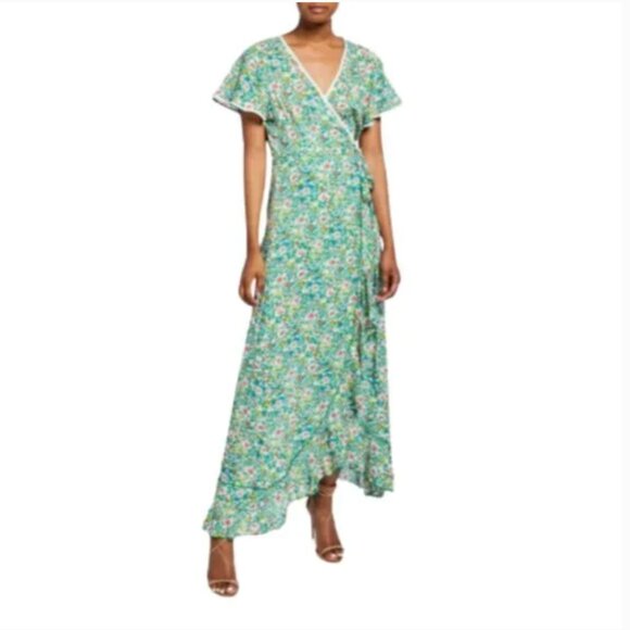 Poupette St Barth Joe Wrap Dress Womens Small Green White Pink VNeck Floral Midi - Picture 2 of 13